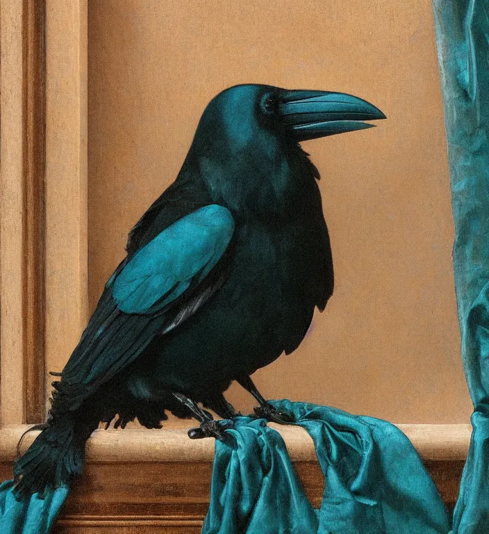 Image similar to a beautifully photoreal clear detailed victorian portrait of a close up raven on a victorian windowsill with an ornate velvet dark teal curtain at beautiful sunset daytime nature sunlit painting by frederic leighton and turner and rosetti, 8 k, octane render