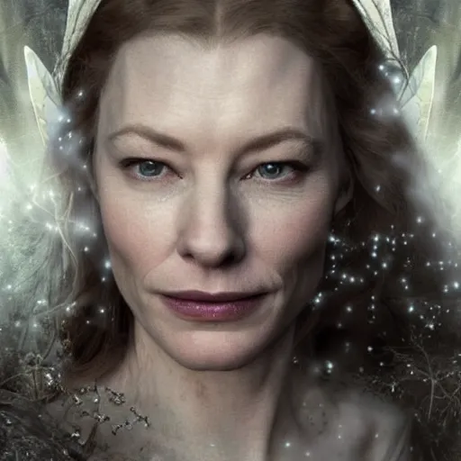 Prompt: portrait of ((mischievous)), baleful young, smiling, brown eyed (Cate Blanchett) as Galadriel as a queen of fairies, dressed in a beautiful silver dress. The background is a dark, creepy eastern europen forrest. night, horroristic shadows, high contrasts, lumnious, photorealistic, dreamlike, (mist filters), theatrical, character concept art by ruan jia, John Anster Fitzgerald, thomas kinkade, and J.Dickenson, trending on Artstation