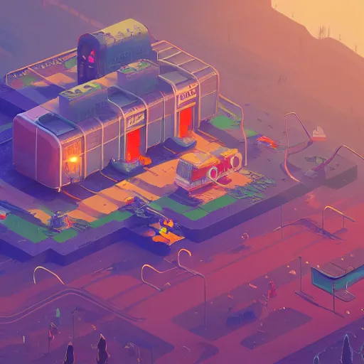 Image similar to isometric videogame landscape in the style of Simon Stålenhag and H. R. Giger, detailed, trending on Artstation