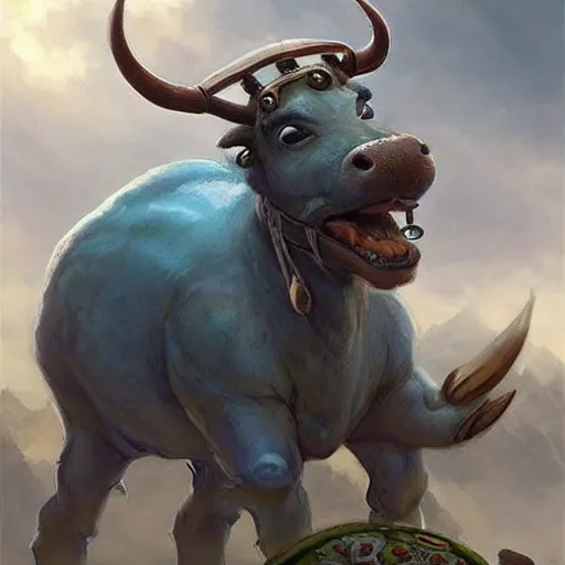 Image similar to cute little anthropomorphic water buffalo rebuilder wearing terrazzo cord, tiny, small, miniature animal, baby animal, short, pale blue armor, cute and adorable, pretty, beautiful, DnD character art portrait, matte fantasy painting, DeviantArt Artstation, by Jason Felix by Steve Argyle by Tyler Jacobson by Peter Mohrbacher, cinematic lighting