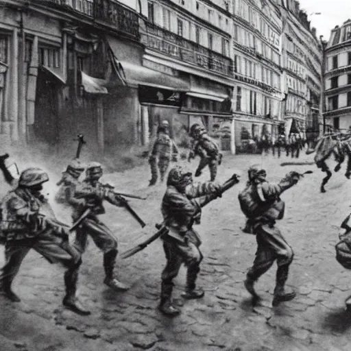 Image similar to fighting on the streets, paris, soviet soldiers against nato soldiers, world war 3, military equipment, image in photorealistic art style, a very high - quality picture taken on camera from the 9 0 s