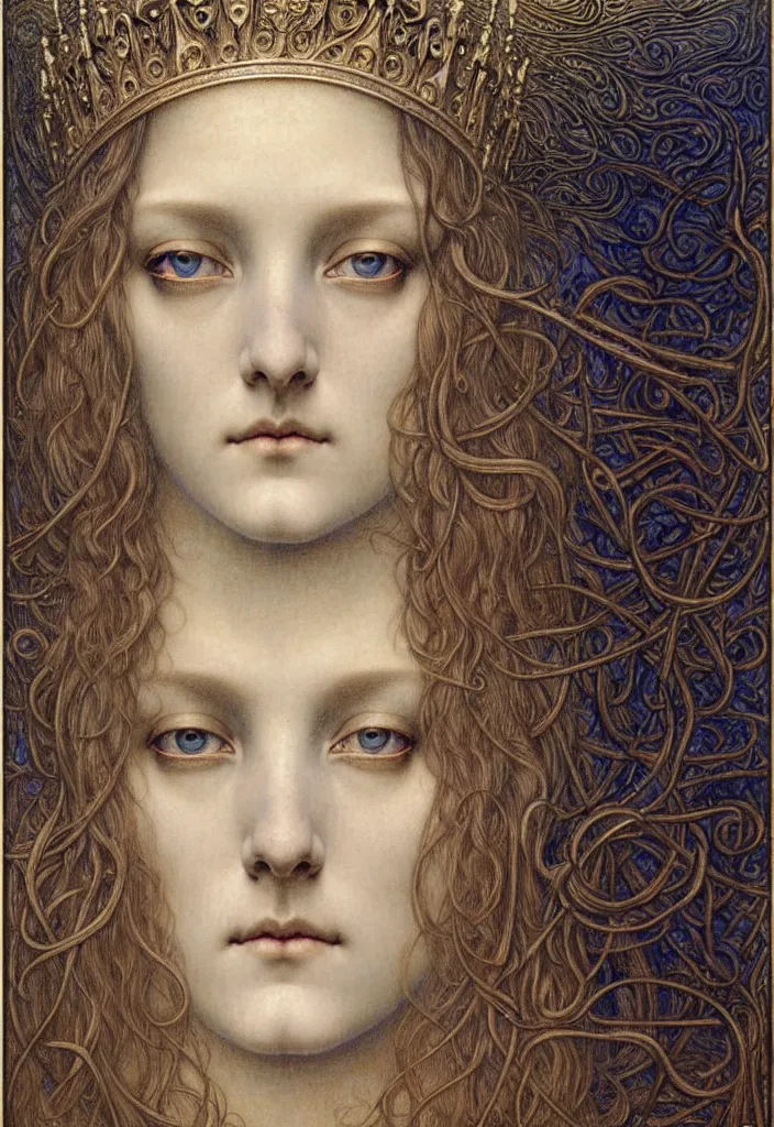 Image similar to detailed realistic beautiful young medieval queen face portrait by jean delville, gustave dore and marco mazzoni, art nouveau, symbolist, visionary, gothic, pre - raphaelite. horizontal symmetry