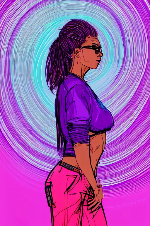 Image similar to a award winning half body portrait of a beautiful woman with stunning eyes in a croptop and cargo pants with ombre purple pink teal hairstyle and hands in pockets by thomas danthony, surrounded by whirling illuminated lines, outrun, vaporware, shaded flat illustration, digital art, trending on artstation, highly detailed, fine detail, intricate