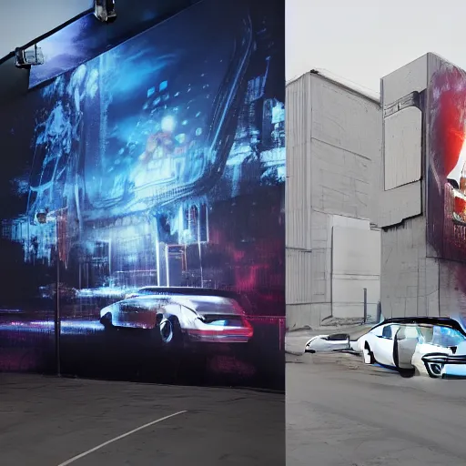 Prompt: sci-fi wall structure logotype and car on the coronation of napoleon and digital billboard in the middle in dark atmosphere by Ruan Jia Sheng Lam