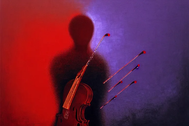 Prompt: abstract tech concept of the mystery musician with colored smoke playing a violin, in the style of rafał olbinski, in the style of beksinski, intricate and epic composition, red by caravaggio, insanely quality, highly detailed, masterpiece, purple light, artstation, 4 k