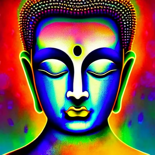 Image similar to An extremely psychedelic portrait of Buddha, surreal, LSD, face, detailed, intricate, elegant, lithe, highly detailed, digital painting, artstation, concept art, smooth, sharp focus, illustration