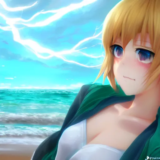 Image similar to render as a very beautiful 3d anime girl, short green hair, azure blue eyes, full round face, short smile, casual clothes, serene beach setting, cinematic lightning, medium shot, mid-shot, highly detailed, trending on Artstation, Unreal Engine 4k, cinematic wallpaper