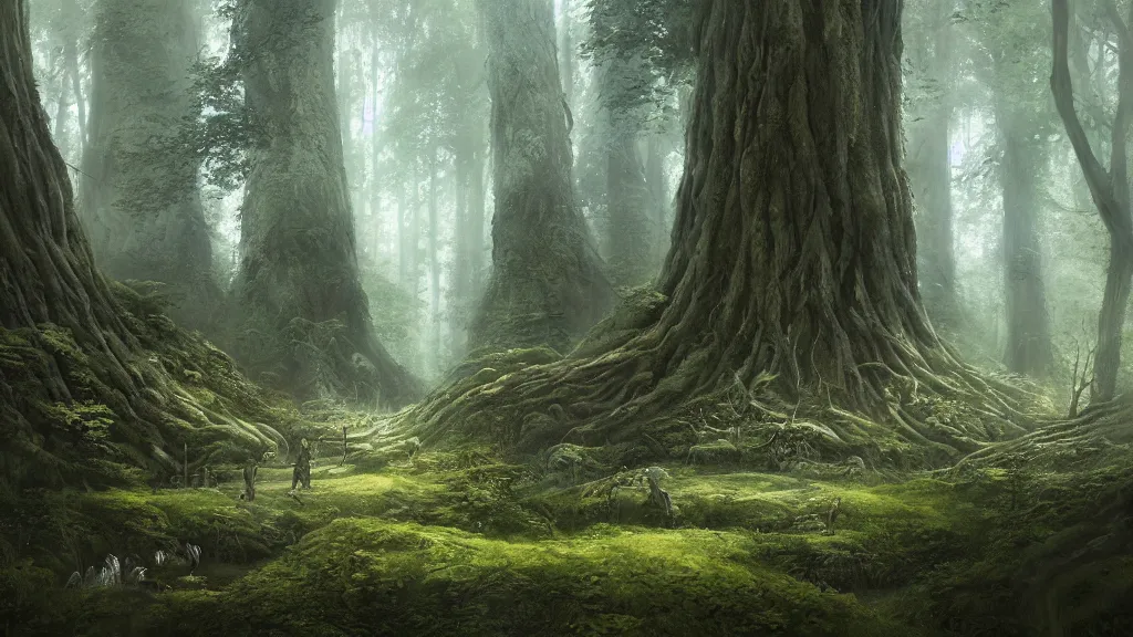 Image similar to peaceful elven forest, thick forest, large living trees are visible in the background, by alan lee, michal karcz, smooth details, lord of the rings, game of thrones, smooth, detailed terrain, oil painting, trending artstation, concept art, fantasy matte painting