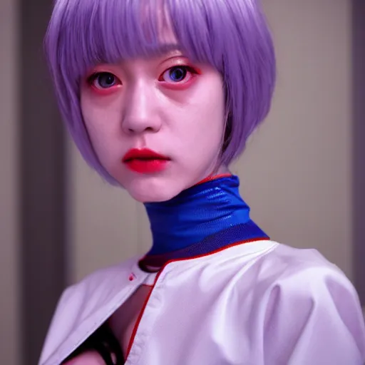 Prompt: Rei Ayanami from Neon Genesis Evangelion, live action, portrait shot,