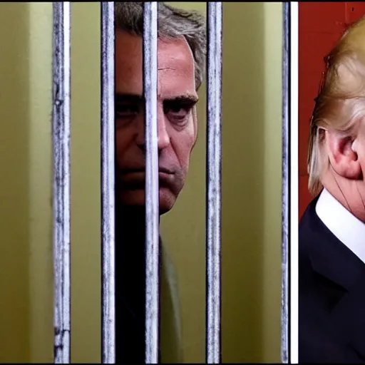 Image similar to donald trump behind bars in a filthy, obscure and depressing cell, with jeff epstein looming over him