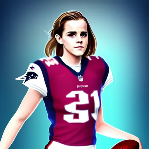 Image similar to emma watson in new england patriots football uniform fanart, digital art, trending on artstation