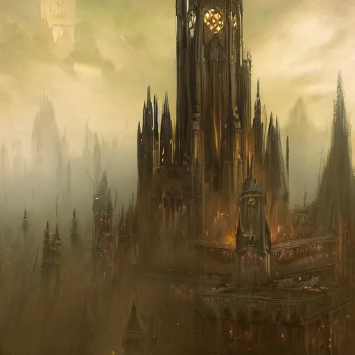 Image similar to an ultra detailed matte painting of a lonely and impossibly tall ominous gothic dark citadel tower of the evil patriarch, in the style of magic the gathering, in a river elevated high above the city, flintlock fantasy capital city, ultrawide lense, aerial photography, scary thunderstorm, exquisite detail, 8 k, art by greg rutkowski and alphonse mucha