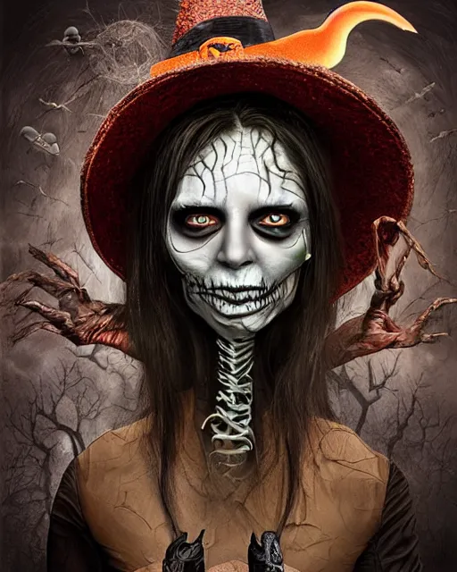 Image similar to halloween witch theme surrealist art in the styles of igor morski, jim warren, and a tim burton film, intricate, hyperrealistic, accurate facial details, profile picture with chromakey background, volumetric lighting