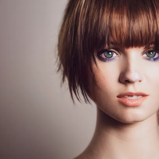 Image similar to fashion model short hair bangs looking into lens heavy bokeh modern fashion look