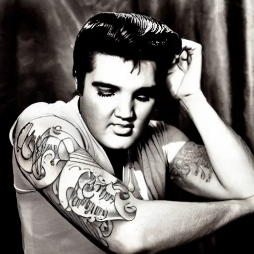 Prompt: a young Elvis Presley is pulling up his sleeve, on his bicep is a detailed tattoo of old fat Elvis Presley