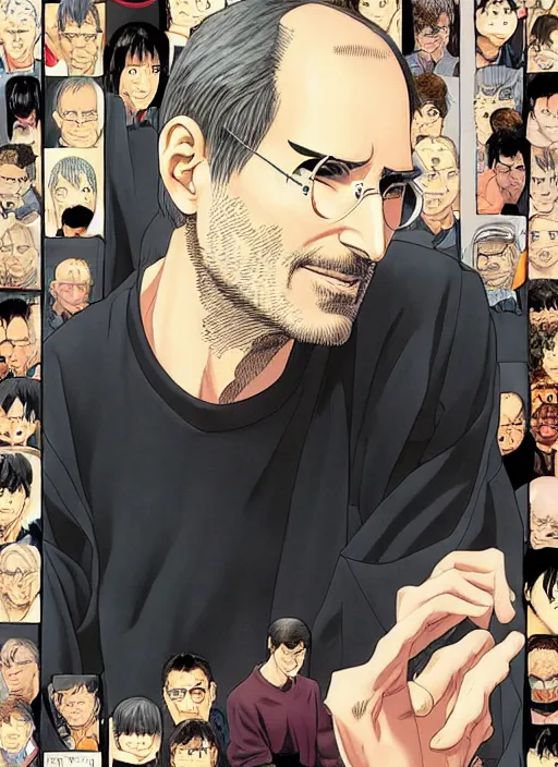 Image similar to steve jobs manga in color, final page, portrait, by katsuhiro otomo and hiroya oku and makoto yukimura