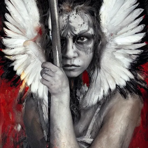 Prompt: portrait of the death angel, beautiful female face, angelic, dark, blood, by jeremy mann, by lucian freud, god rays, female indigenous warrior, warrior face painting red, wings, holding a weapon