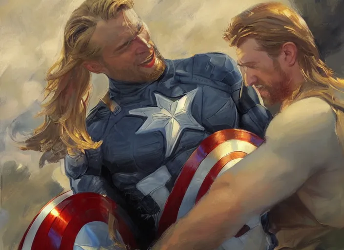 Prompt: a highly detailed beautiful portrait of captain america and thor sharing a moment, by gregory manchess, james gurney, james jean