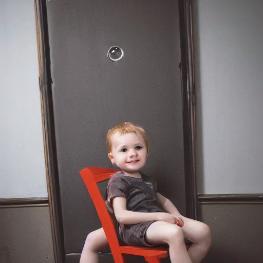 Image similar to Small kid, sitting on a chair in backrooms, high detailed, realistic photo