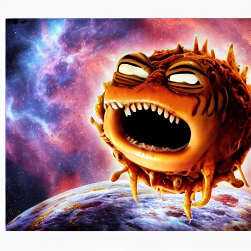 Image similar to one eldritch horror bloody garfield in space, galaxy, hd, 8 k, giant, epic, realistic photo, unreal engine, stars, prophecy, powerful, cinematic lighting, destroyed planet, debris, violent, sinister, ray tracing, dynamic, print, epic composition, dark, horrific, teeth, grotesque, scary, black ink drawing