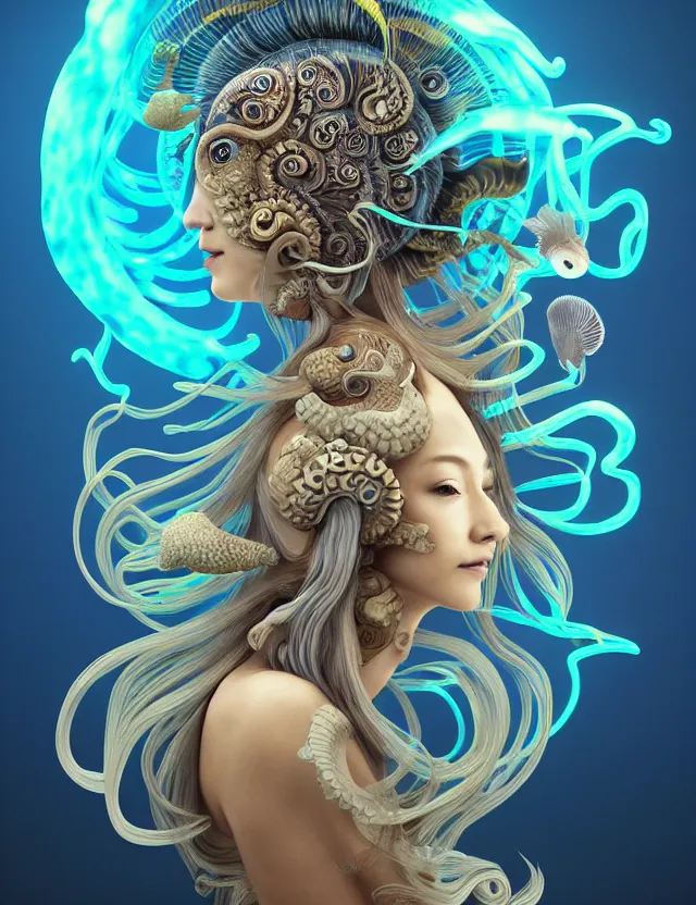 Image similar to 3 d goddess nautilus half - turn portrait with long hair with ram skull. beautiful intricately detailed japanese crow kitsune mask and clasical japanese kimono. betta fish, jellyfish phoenix, bio luminescent, plasma, ice, water, wind, creature, artwork by tooth wu and wlop and beeple and greg rutkowski