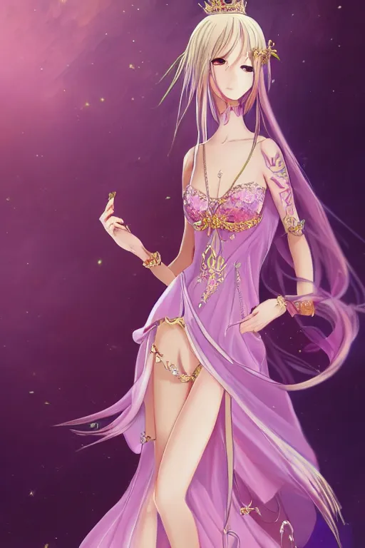 Prompt: Anime sad princess in full figure wearing an exotic evening gown and jade necklace, evening, detailed painting, WLOP, Artstation