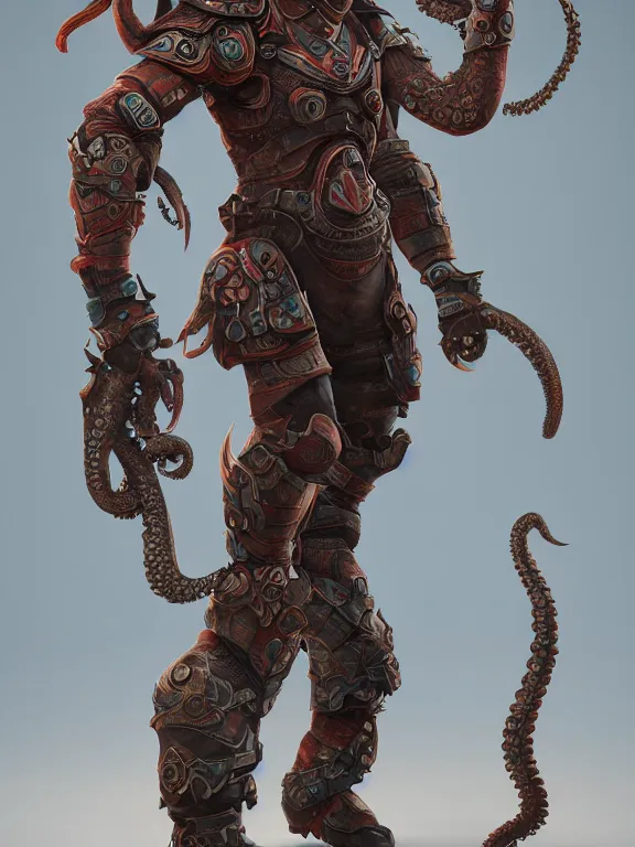 Prompt: full body portrait of single warrior with octopus armour, character design, designed in blender, 4 k hd, octane render, intricate and highly detailed, coloured with lots of colour, cinematic,