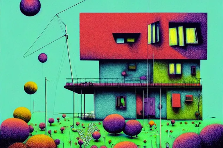 Prompt: surreal glimpse into other universe, house by bauhaus architect, summer morning, very coherent and colorful high contrast, art by!!!! gediminas pranckevicius!!!!, geof darrow, floralpunk screen printing woodblock, dark shadows, hard lighting, stipple brush technique,