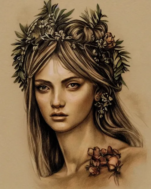 Prompt: realism tattoo sketch of a beautiful greek goddess aphrodite wearing a laurel wreath and triangle earrings, in the style of greg rutkowski, amazing detail