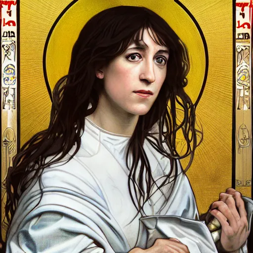 Image similar to portrait of charlotte gainsbourg as joan of arc, hyperreal digital painting, iconography influenced by alphonse mucha and eugene delacroix, arstation and deviantart trends, high resolution 8 k