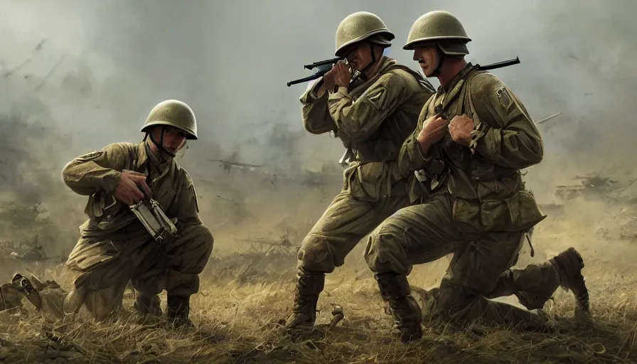 Prompt: Kneeling soldier during World War 2 battle, hyperdetailed, artstation, cgsociety, 8k