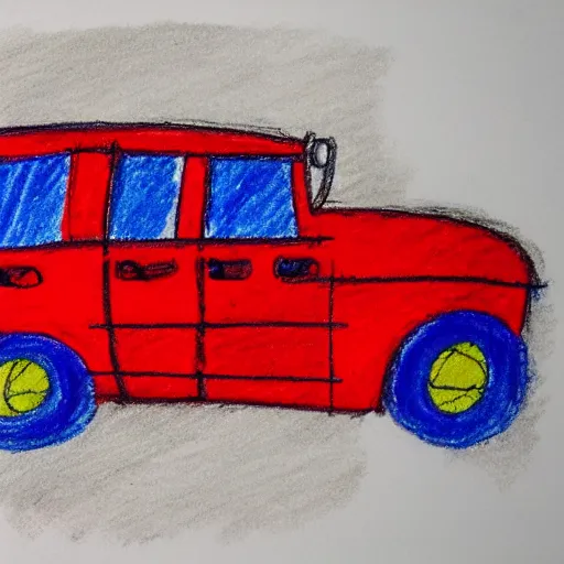 Image similar to a poorly drawn red truck with blue wheels, drawn using crayons, red and blue crayon, drawn on white paper