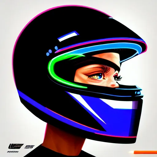 Prompt: profile photo of a driver with a helmet and a visor with eye lashes, side profile on a neon racing track, cinematic, 8k, highly detailed, digital painting, artstation, concept art, smooth, sharp focus, illustration by Sandra Chevrier
