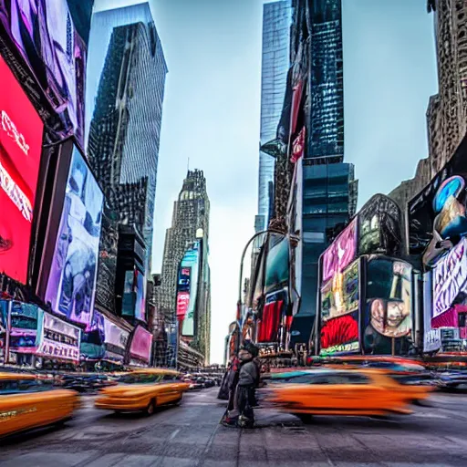 Image similar to giant alien spacecraft looming over times square, real photo, highly realistic