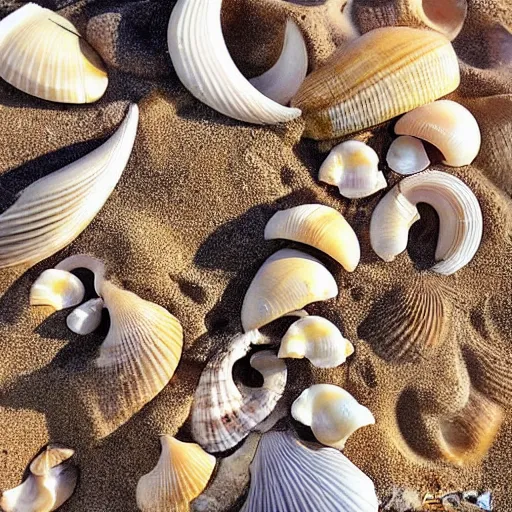Prompt: beautiful shells on the beach, surf swirls around them, high detail by Ester Wu