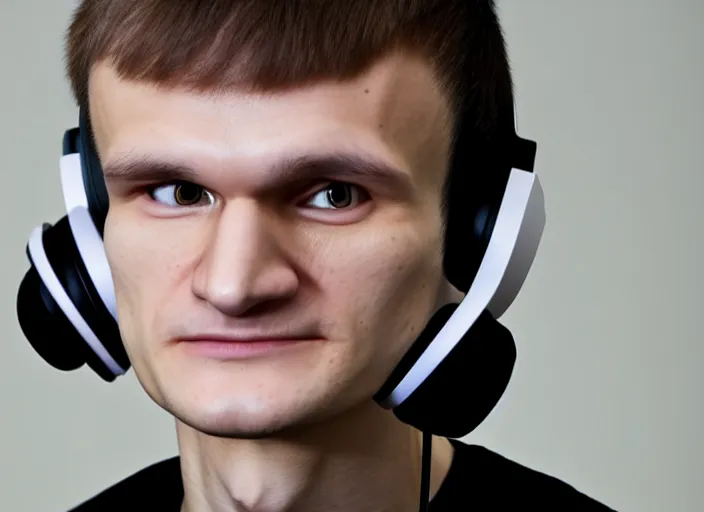 Image similar to headshot of vitalik buterin in headphones. vitalik buterin, perfect symmetric face, coherent eyes, fine details., 4 k, ron cobb, hans zatska