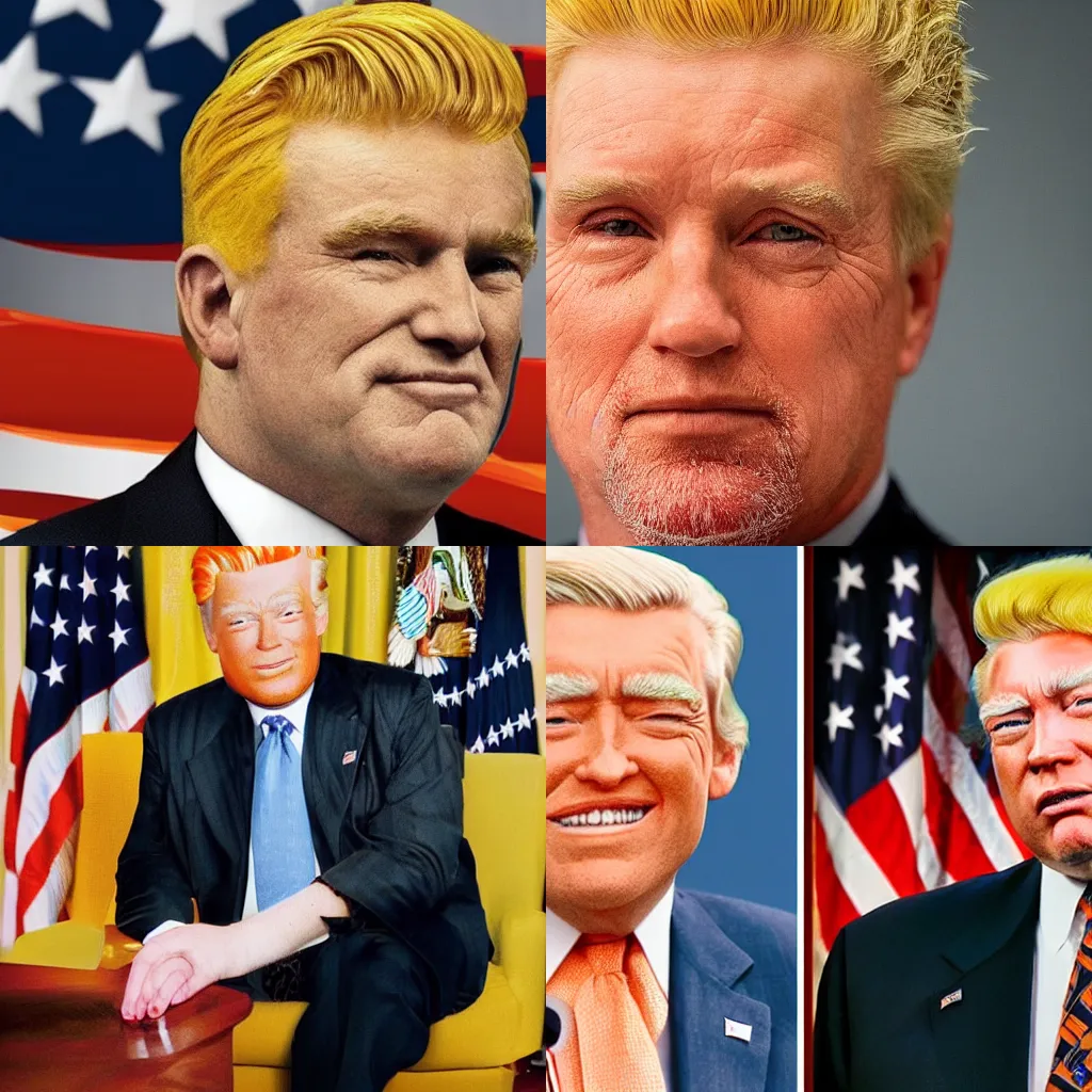 Prompt: a photo of a large old man with orange skin and a blonde quiff as the president of the usa