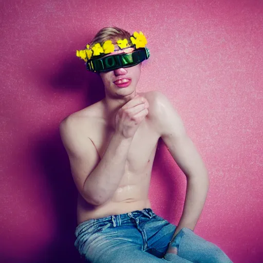 Image similar to close up kodak portra 4 0 0 portrait photograph of a skinny guy with blonde hair laying in a tub of milk, aerial view, wearing cyber goggles, flower crown, moody lighting, telephoto, 9 0 s vibe, blurry background, vaporwave colors, faded!,