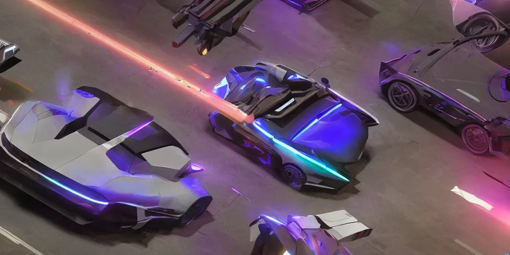 Image similar to quantum entanglement的synthwave sports car ,by Austin English ,cinema lighting,A bird's-eye view,camera view from above ,Game scene graph , very high detailed Unreal engine