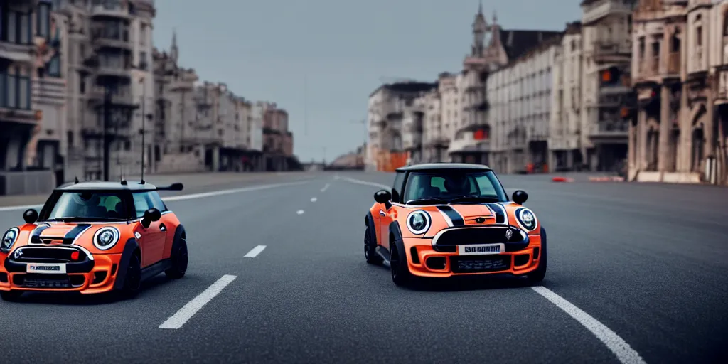 Prompt: mini cooper gts race with rocket bunny kit in the middle of a road on europe city, cinematic color grading, unreal 5, hyperrealistic, realistic, hasselblad photo, dynamic lighting, highly detailed, cinematic landscape, studio landscape, studio lighting, modern car design