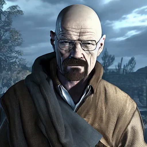 Image similar to Walter White in Dark Souls, Unreal Engine, 8k, dramatic lighting, professional render