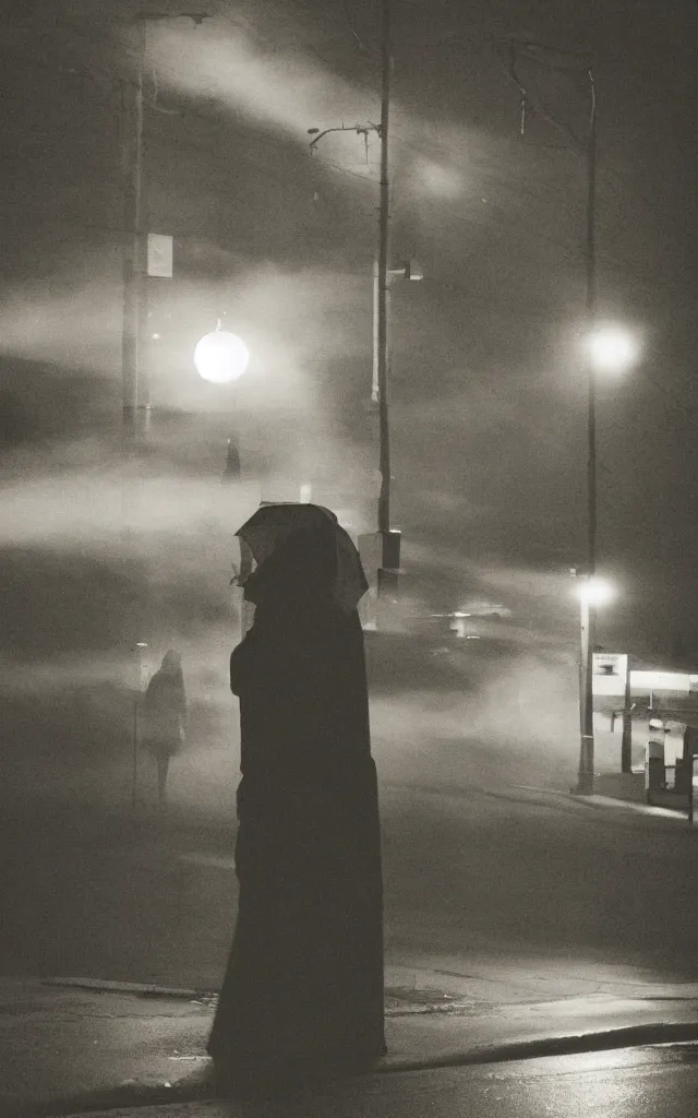 Image similar to “ quiet american neighborhood at night, a woman waiting with a black umbrella, photography in the style of gregory crewdson, mist, rule of thirds ”