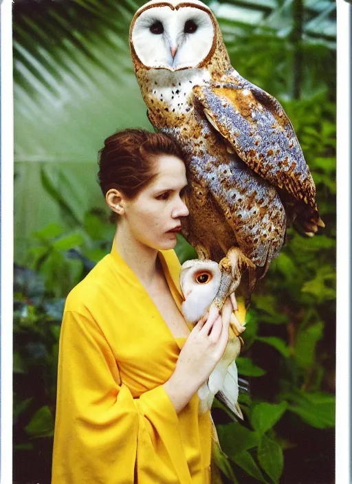 Prompt: grainy head to shoulder portrait Polaroid film photograph of an elegant top model wearing a yellow kimono with a very detailed barn owl on her shoulder!!! in a tropical greenhouse. looking at the camera!!. super resolution. Extremely detailed. Polaroid 600 film. art by James Gurney.