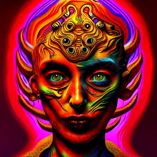 Prompt: An extremely psychedelic portrait of hell, surreal, LSD, face, detailed, intricate, elegant, lithe, highly detailed, digital painting, artstation, concept art, smooth, sharp focus, illustration