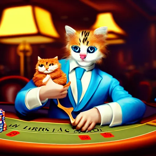 Image similar to man holding a toy cat and a spoon, sitting at a blackjack table, casino, las vegas, digital art, artstation