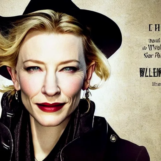 Image similar to wanted outlaw poster of cate blanchett,