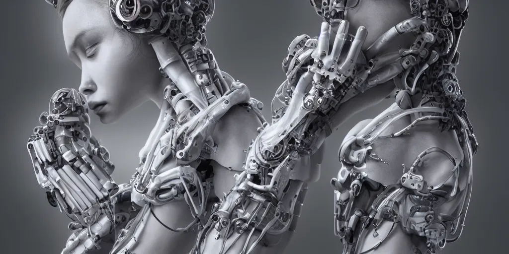 Image similar to hyperrealistic photography of a stunningly beautiful cyborg female, mechanical elbow, plated arm, intimate, holding hands, in the style of beth cavener, jin kagetsu,, and wlop, highly detailed, intricate, face symmetry, masterpiece, award - winning, sharp focus, concept art, high key, ambient lighting, 8 k, octane render, artstation