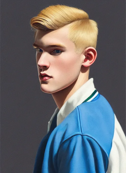 Image similar to portrait of a high school senior boy named moose mason, blonde short hair, jock, beefy, square jaw, square facial structure, 1 9 5 0 s, blue varsity jacket, intricate, elegant, glowing lights, highly detailed, digital painting, artstation, concept art, smooth, sharp focus, illustration, art by wlop, mars ravelo and greg rutkowski