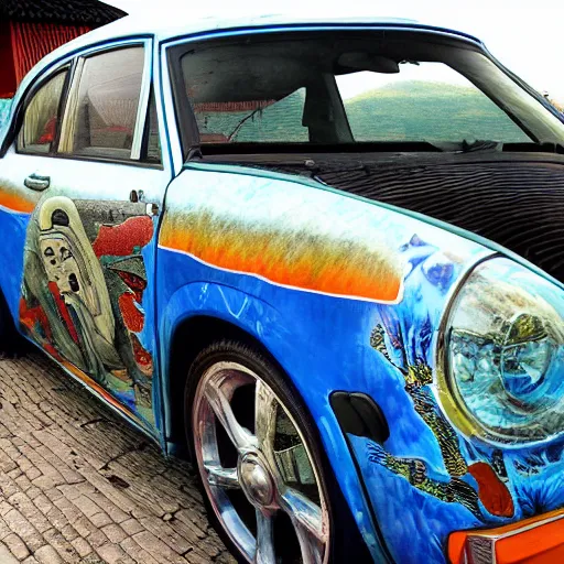 Prompt: A High quality award winning 4K photo of a car with the bodywork painted with a beatles art in ancient china style, beatles art in ancient china style, car paint, ancient china style of the beatles, car paint
