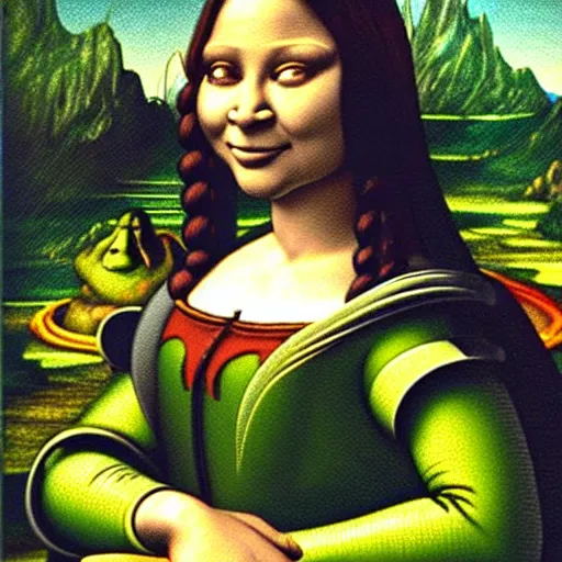 Image similar to shrek from shrek as a glorious devout shining powerful epic amazing awesome very handsome attractive muscular stylish knight in shining golden armor riding donkey, fantasy art, hyper detailed, extremely complex, hyper realistic, similar to the mona lisa, art by leonardo devinci